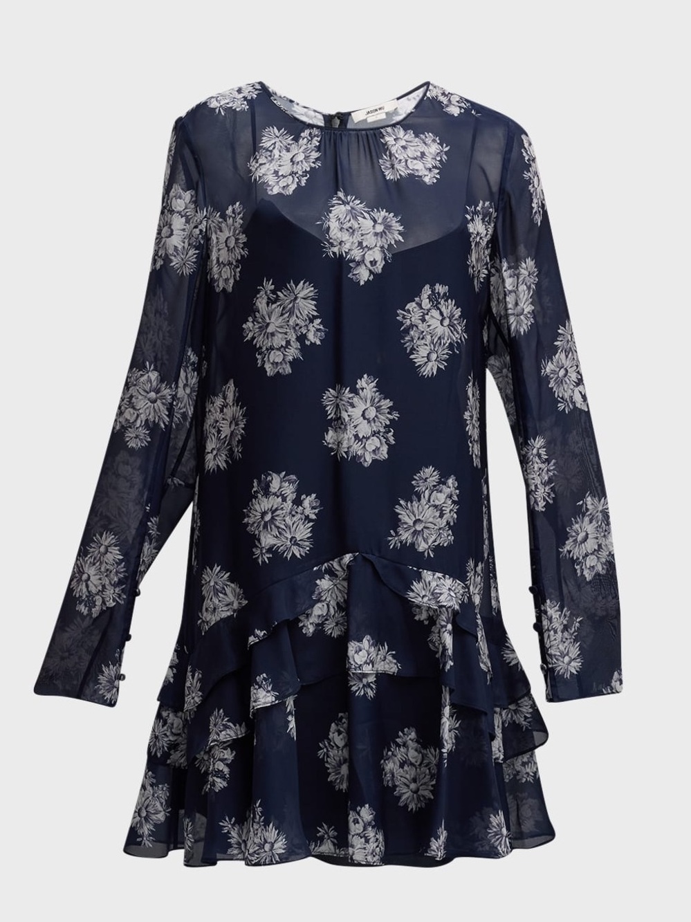 Jason Wu Navy and White Floral Dress - Chiffon-like Fabric